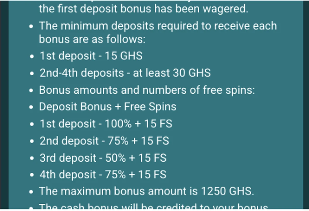 22Bet Ghana casino bonus terms showing minimum deposits of 15 and 30 GHS, free spins per deposit and a 1,250 GHS maximum