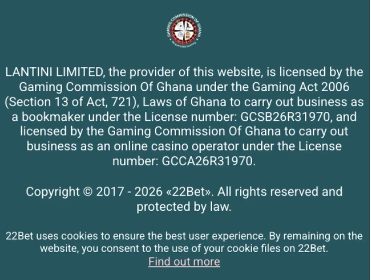 22Bet Ghana website footer showing Lantini Limited and Gaming Commission of Ghana licence numbers GCSB26R31970 and GCCA26R31970