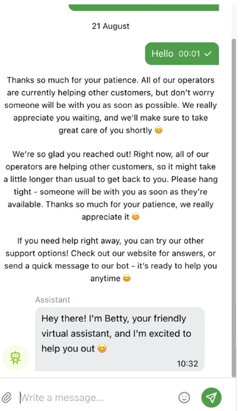 22Bet Ghana live chat showing an automated queue message and the Betty virtual assistant with no human agent connected