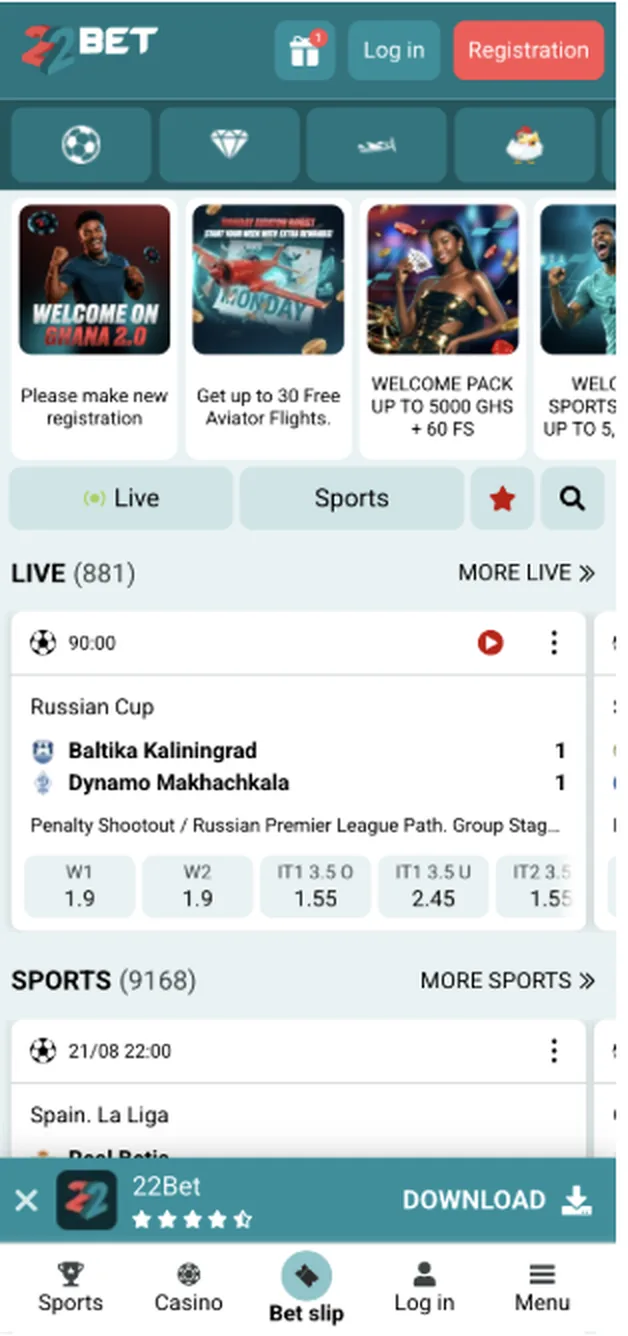 22Bet Ghana mobile homepage showing live and sports sections with Ghanaian welcome offers