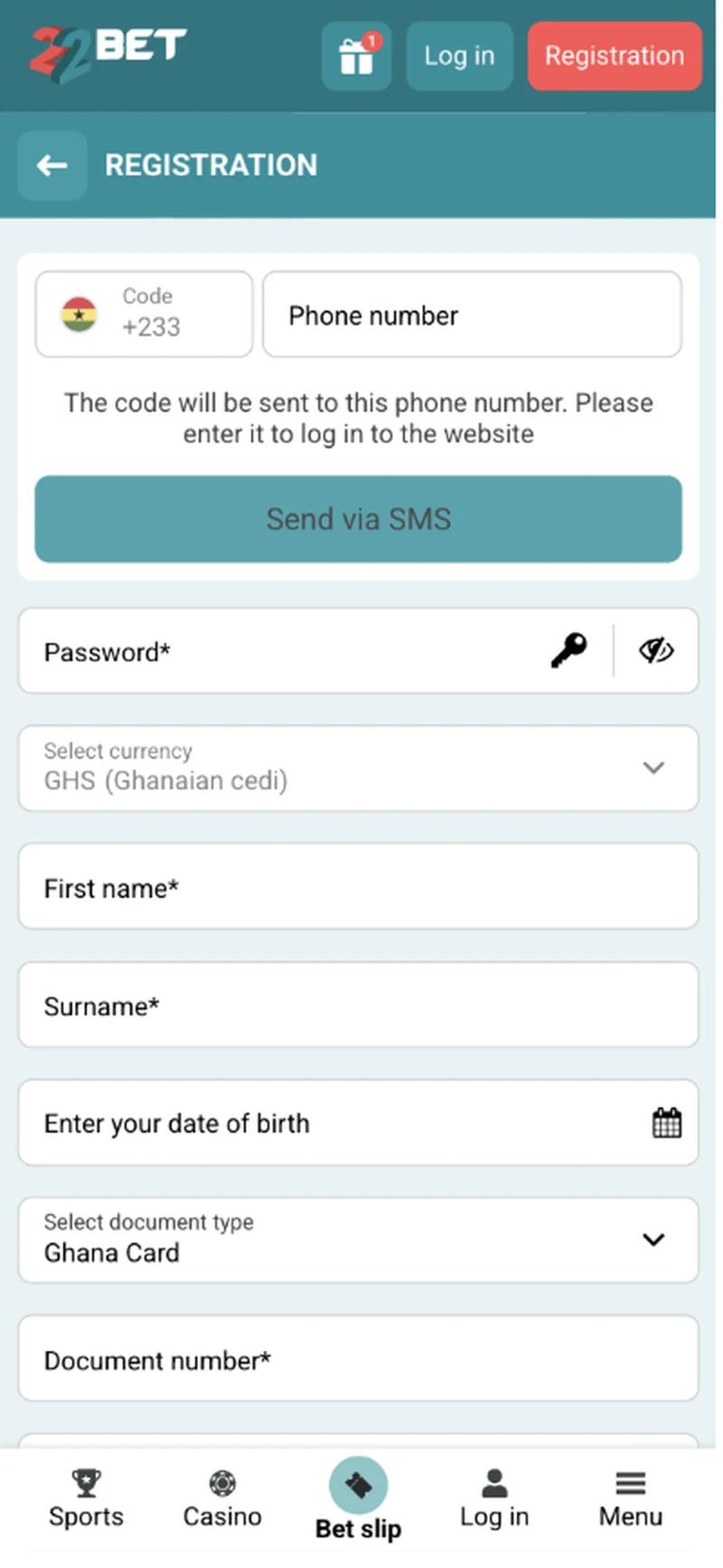 22Bet Ghana registration form requiring a +233 Ghanaian phone number, SMS code and Ghana Card document number