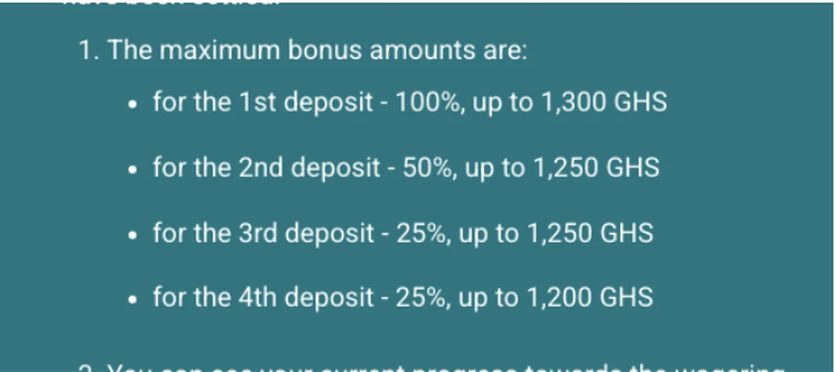 22Bet Ghana sports bonus terms listing maximum amounts across four deposits, from 1,300 GHS down to 1,200 GHS