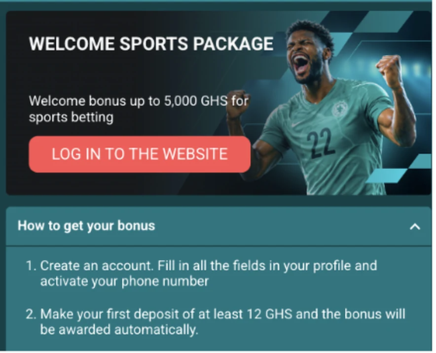 22Bet Ghana sports welcome package advertising a bonus of up to 5,000 GHS with a 12 GHS minimum first deposit