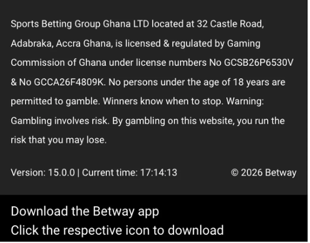 Betway Ghana website footer showing Sports Betting Group Ghana LTD, Adabraka Accra address and licence numbers GCSB26P6530V and GCCA26F4809K