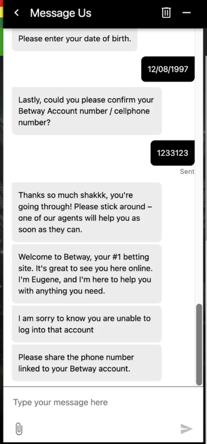 Betway Ghana live chat where an agent requests the phone number linked to the account before assisting
