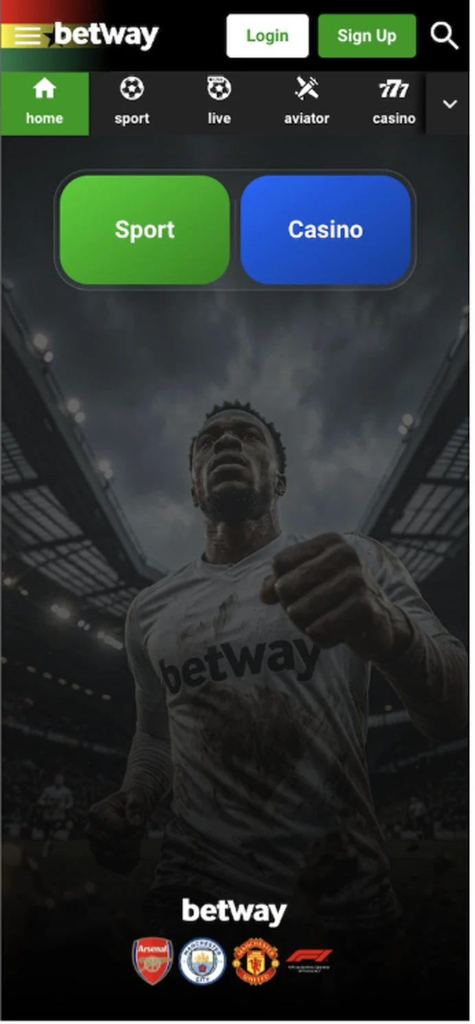 Betway Ghana mobile homepage with sport and casino entry points and sponsorship logos