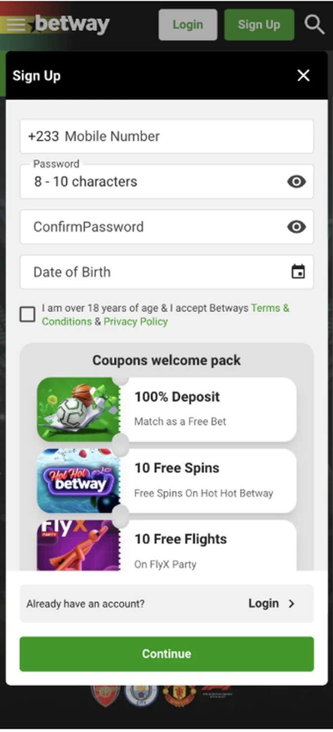 Betway Ghana sign up form requiring a +233 mobile number, with the coupons welcome pack shown below