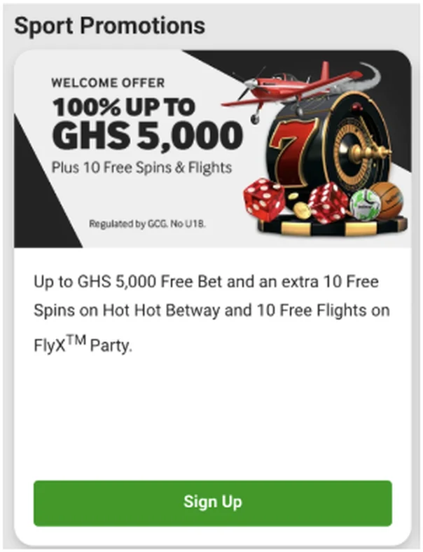 Betway Ghana sport promotions page showing the 5,000 GHS free bet welcome offer
