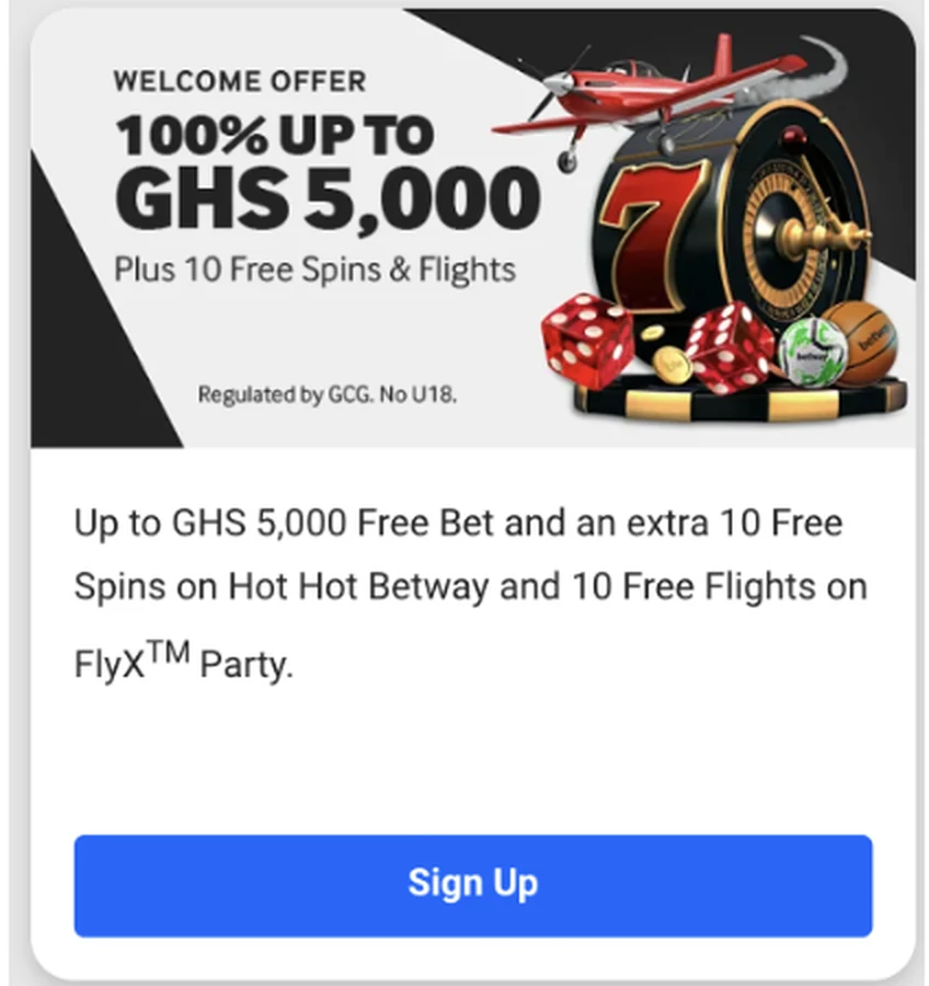 Betway Ghana welcome offer of 100 percent up to 5,000 GHS plus 10 free spins and 10 free flights, marked regulated by GCG