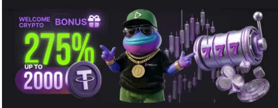 Reels.io welcome bonus banner advertising a 275 percent crypto bonus up to 2000 USDT