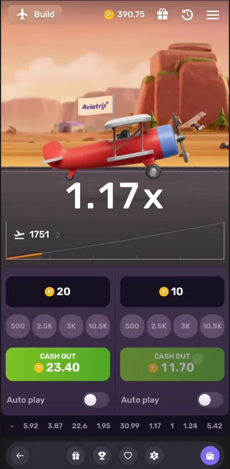 Aviatrix crash game running on the Reels.io mobile site at a 1.17x multiplier with two active bets and cash out buttons