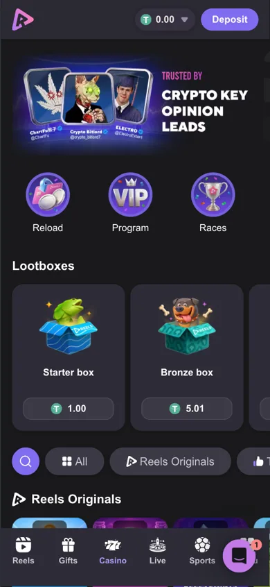 Reels.io casino homepage on a mobile phone showing the VIP programme, races, lootboxes and the Reels Originals game row