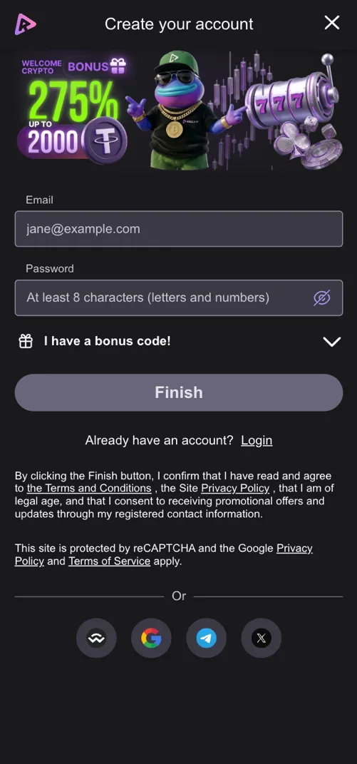 Reels.io registration form on mobile asking only for email and password, with Google, Telegram and X sign-up buttons and the 275 percent welcome bonus banner above