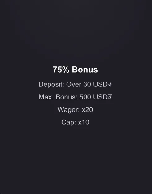 Reels.io second deposit bonus terms showing 75 percent bonus for deposits over 30 USDT with maximum bonus 500 USDT, 20x wagering and a 10x cap