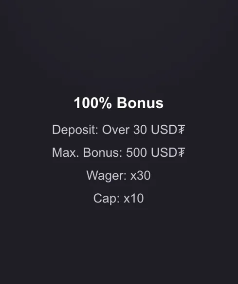 Reels.io third deposit bonus terms showing 100 percent bonus for deposits over 30 USDT with maximum bonus 500 USDT, 30x wagering and a 10x cap
