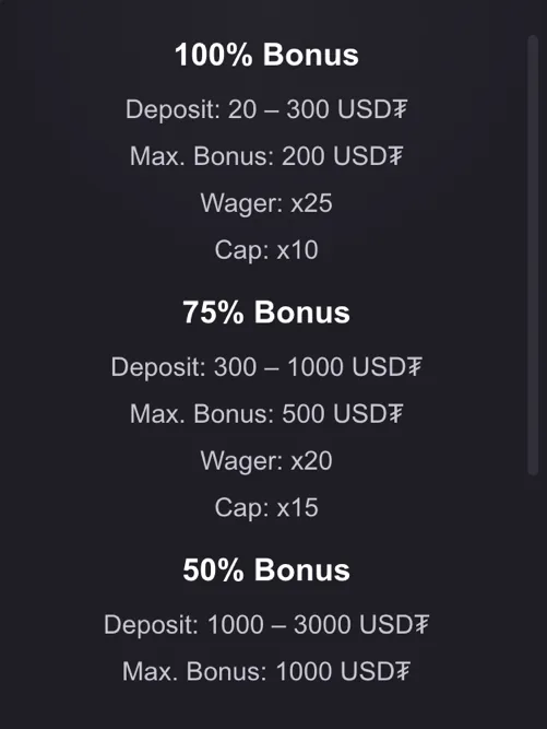 Reels.io first deposit bonus terms showing 100 percent for deposits of 20 to 300 USDT at 25x wagering, 75 percent for 300 to 1000 USDT at 20x, and a 50 percent tier above that