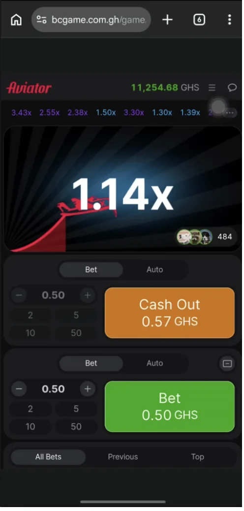 Aviator crash game live at 1.14x on bcgame.com.gh, with a 0.50 GHS bet showing a 0.57 GHS cash-out and an account balance of 11,254.68 GHS