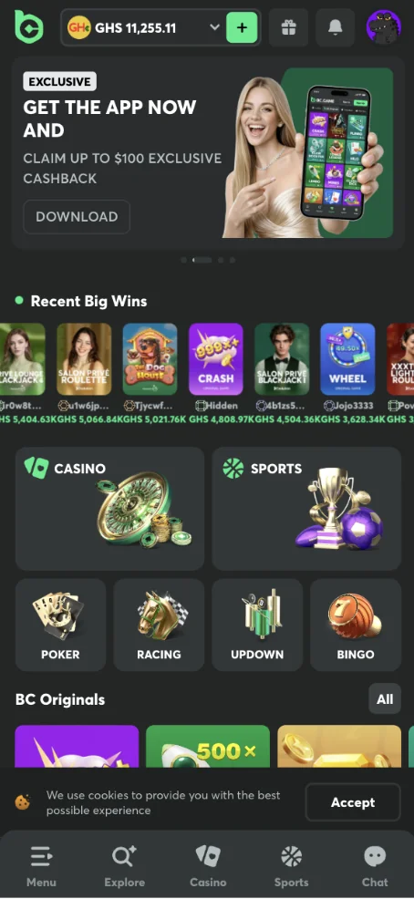 BC.Game mobile casino lobby showing a GHS 11,255.11 balance, recent big wins feed, and category tiles for casino, sports, poker, racing, updown, and bingo