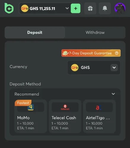 BC.Game deposit screen in GHS showing MoMo, Telecel Cash, and AirtelTigo mobile money options with 1 to 10,000 limits, one-minute ETA, and a 7-day deposit guarantee badge