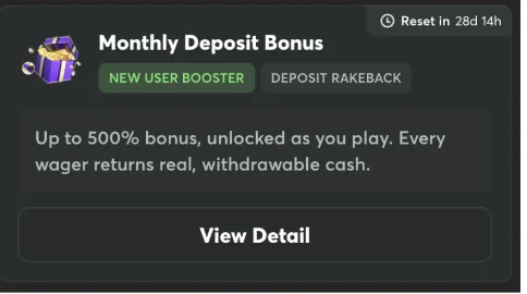 BC.Game monthly deposit bonus card advertising up to 500% in bonuses unlocked through wagering, tagged as new user booster and deposit rakeback