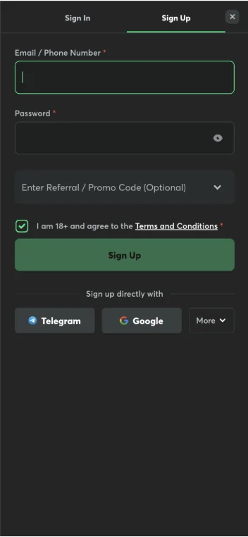 BC.Game sign-up form asking for email or phone number, password, and an optional promo code, with an 18+ terms checkbox and Telegram and Google registration options