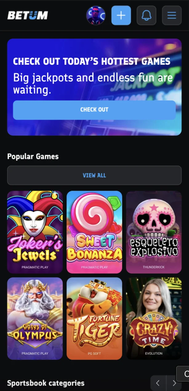 Betum mobile homepage leading with a casino jackpot banner and popular slots from Pragmatic Play, Thunderkick, PG Soft and Evolution, with the sportsbook section placed below