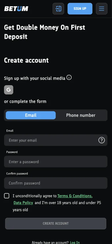 Betum create account form offering email or phone sign up with no country selection, and an age confirmation checkbox stating the player must be over 18 and under 75 years old