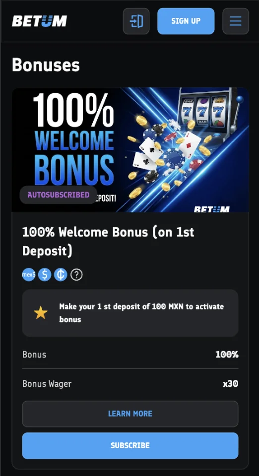 Betum bonuses page showing a 100 percent welcome bonus on the first deposit with a thirty times wagering requirement and a qualifying deposit stated as 100 MXN rather than in Ghanaian cedis
