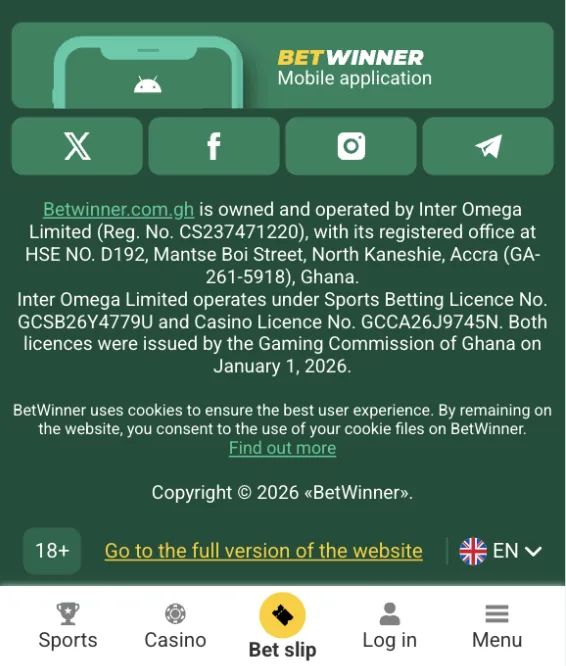 BetWinner Ghana footer naming Inter Omega Limited in Accra with sports betting licence GCSB26Y4779U and casino licence GCCA26J9745N