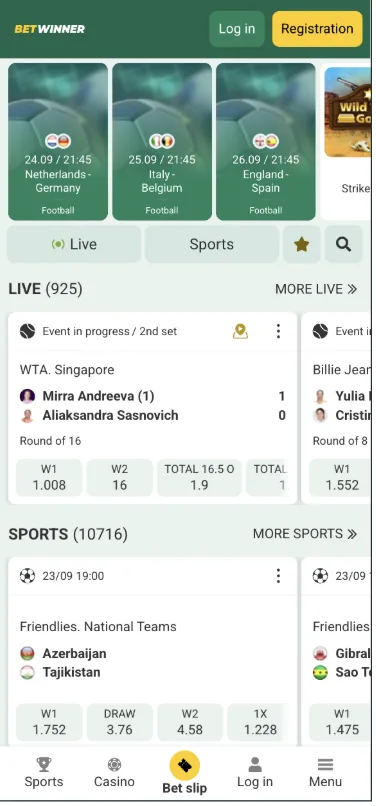 BetWinner Ghana mobile homepage with live events, sports markets and a Casino tab in the bottom navigation