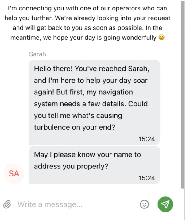 BetWinner Ghana live chat where an agent named Sarah replies at 15:24 and asks for the player's name