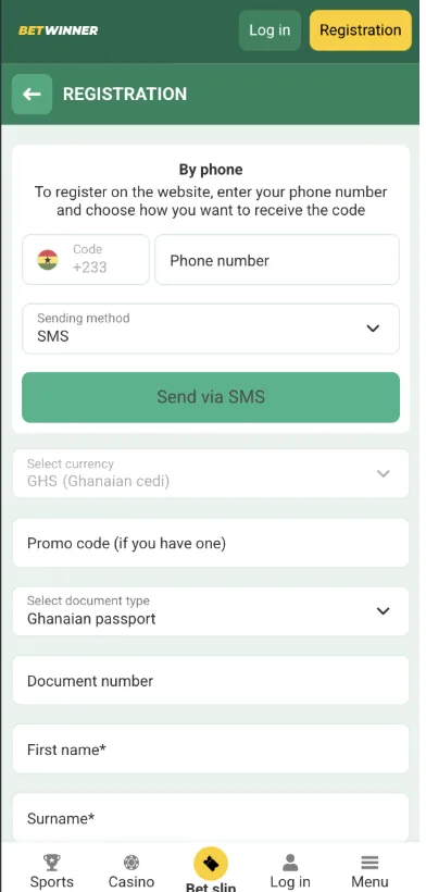 BetWinner Ghana registration form asking for a +233 phone number, GHS currency and a Ghanaian passport number