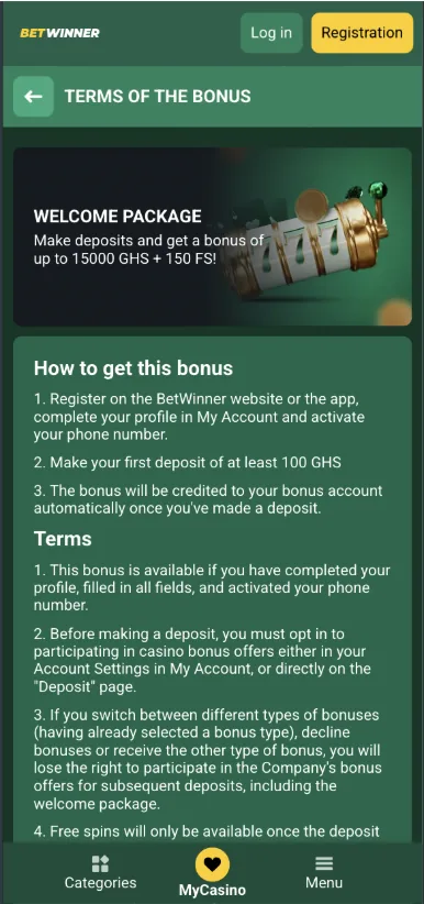 BetWinner Ghana welcome package terms showing up to 15,000 GHS plus 150 free spins and a 100 GHS minimum first deposit