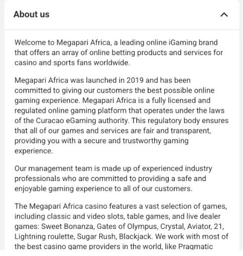 Megapari Africa About Us page claiming a Curacao eGaming licence