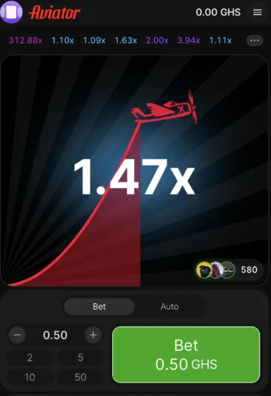 Aviator on Megapari Ghana with a 0.50 GHS minimum bet