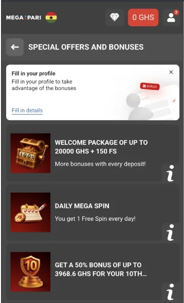 Megapari Ghana casino promotions: welcome package up to 20,000 GHS plus 150 free spins, Daily Mega Spin and a 10th deposit bonus