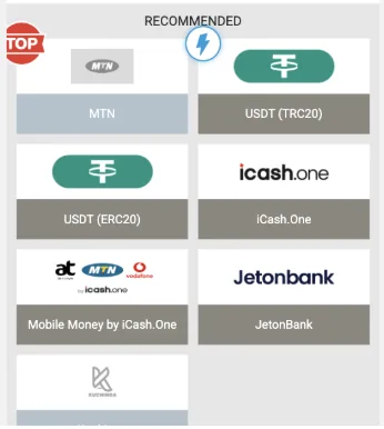 Megapari Ghana deposit methods: MTN, USDT on TRC20 and ERC20, iCash.One mobile money and Jetonbank