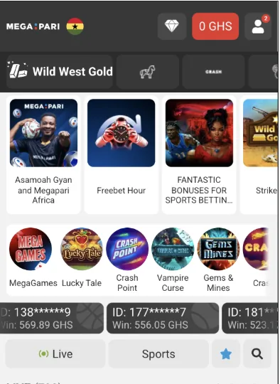 Megapari Ghana mobile homepage showing the Asamoah Gyan promotion, MegaGames and crash games