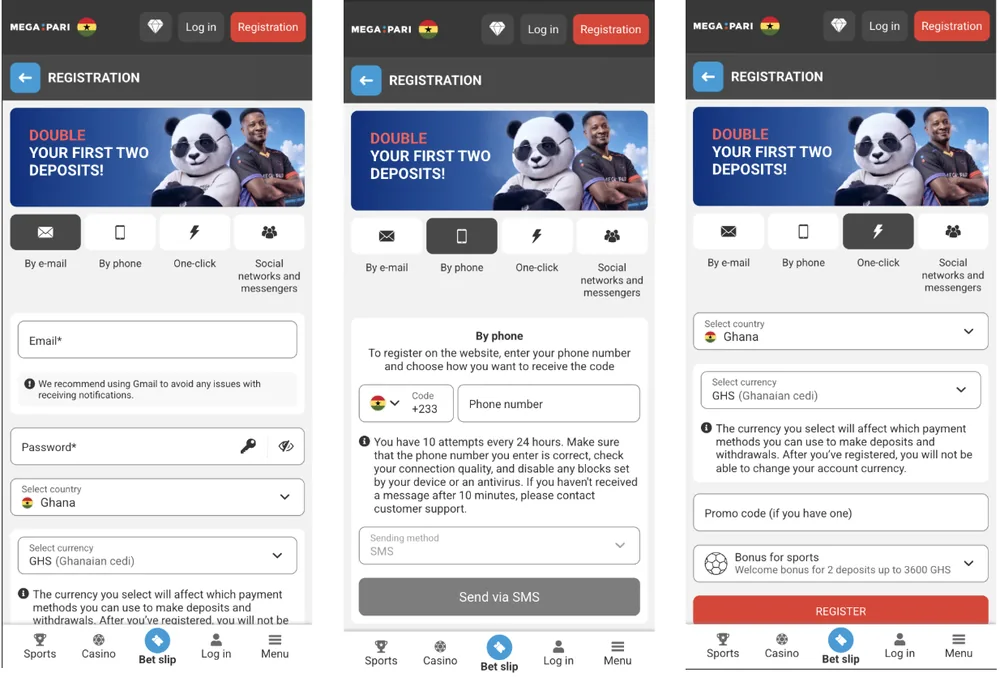 Megapari Ghana registration by email, phone or one-click, with GHS currency and a 3,600 GHS sports welcome bonus