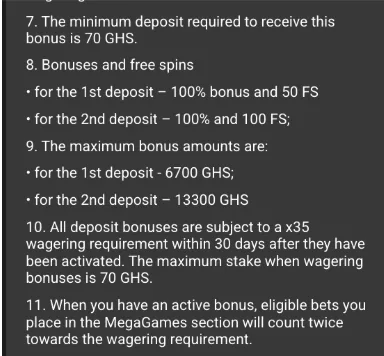 Megapari welcome bonus terms in Ghana: 70 GHS minimum deposit, x35 wagering within 30 days and a 70 GHS maximum stake