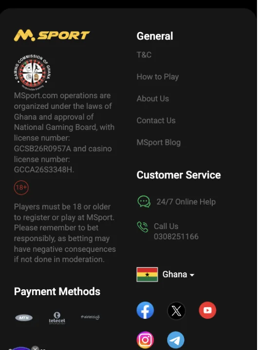 MSport Ghana footer showing the Gaming Commission of Ghana seal with sports betting licence GCSB26R0957A and casino licence GCCA26S3348H