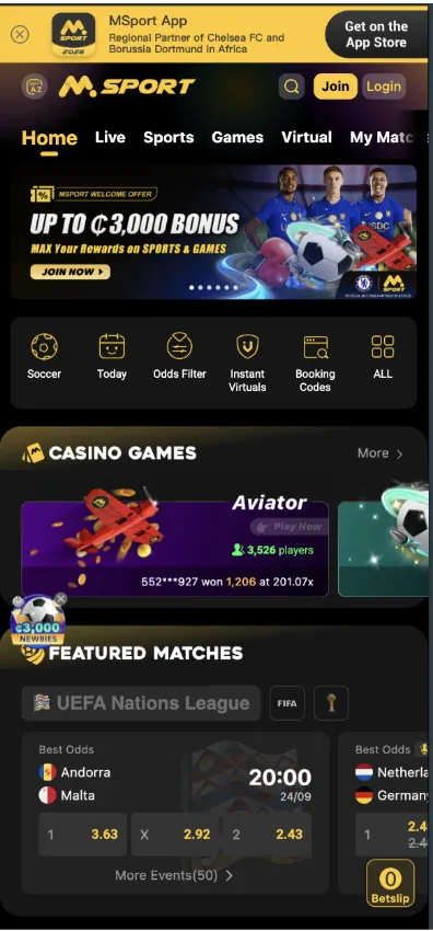 MSport Ghana mobile homepage with the GHS 3,000 welcome offer and a Casino Games row led by Aviator