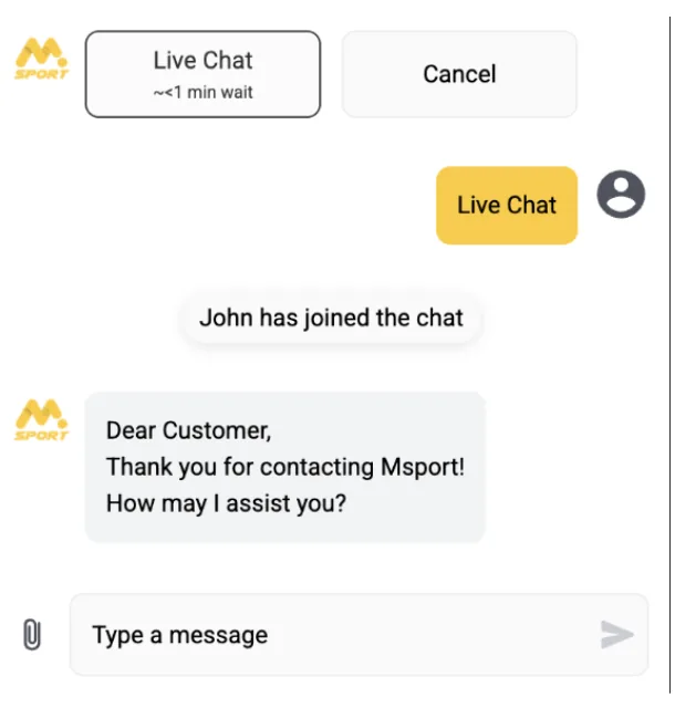 MSport Ghana live chat with a named agent joining the conversation after a wait of under one minute