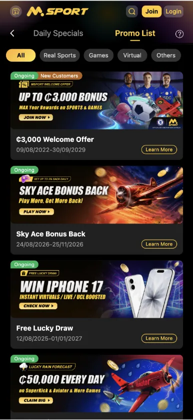 MSport Ghana promotions list showing the GHS 3,000 welcome offer, Sky Ace Bonus Back and daily GHS 50,000 Aviator promotion