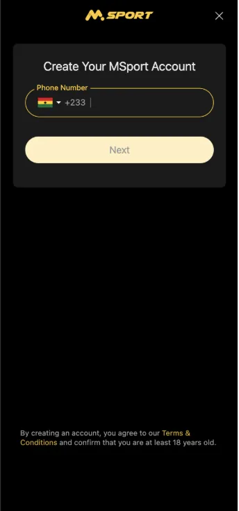 MSport registration screen asking only for a Ghanaian +233 phone number to create an account