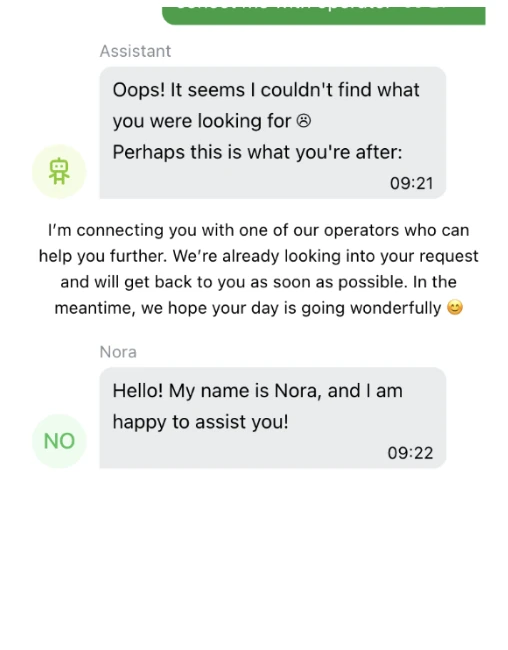 PariPesa live chat handing over from a bot to a human agent within about a minute