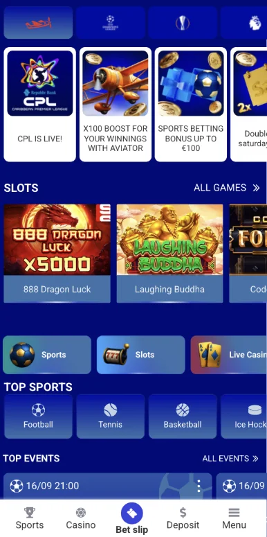 PariPesa mobile homepage with promo banners, slots row and top sports sections