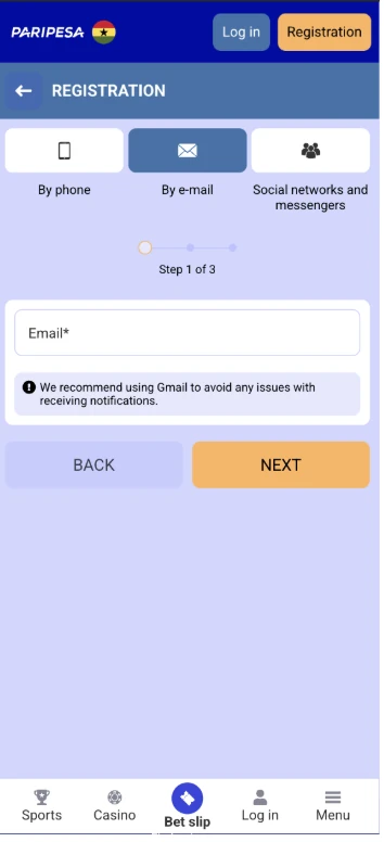 PariPesa email registration, step 1 of 3, asking for an email address