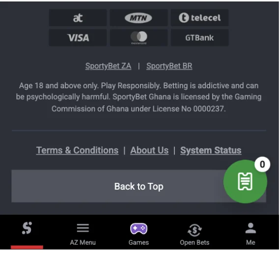 SportyBet Ghana website footer showing MTN, Telecel and AirtelTigo payment logos and the Gaming Commission of Ghana licence number 0000237, with no company name or address published