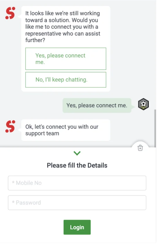SportyBet Ghana live chat offering to connect a representative, then presenting a login form requesting a mobile number and password before support can continue